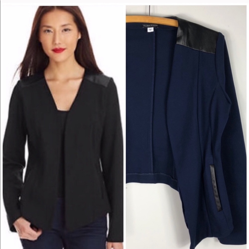 Eileen Fisher Leather Trim Ponte Open Jacket Navy